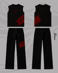 CONJUNTO JT PRYSMA NEGRO, JTDESIGNS EN LLAMAS DISEÑO ROJO, CON BORDADO TAMAÑO LOGO