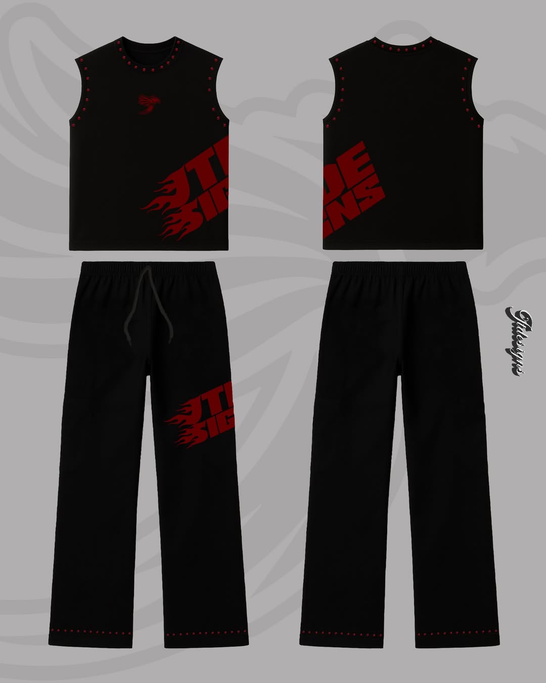 CONJUNTO JT PRYSMA NEGRO, JTDESIGNS EN LLAMAS DISEÑO ROJO, CON BORDADO TAMAÑO LOGO