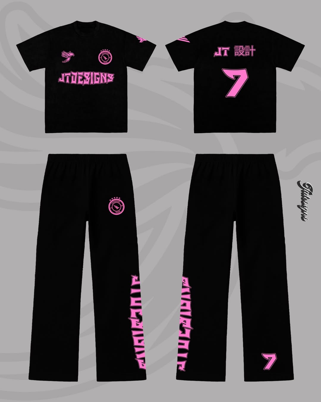 CONJUNTO JT PRYSMA NEGRO, LOGOS FRONTALES BORDADOS EN FUCSIA